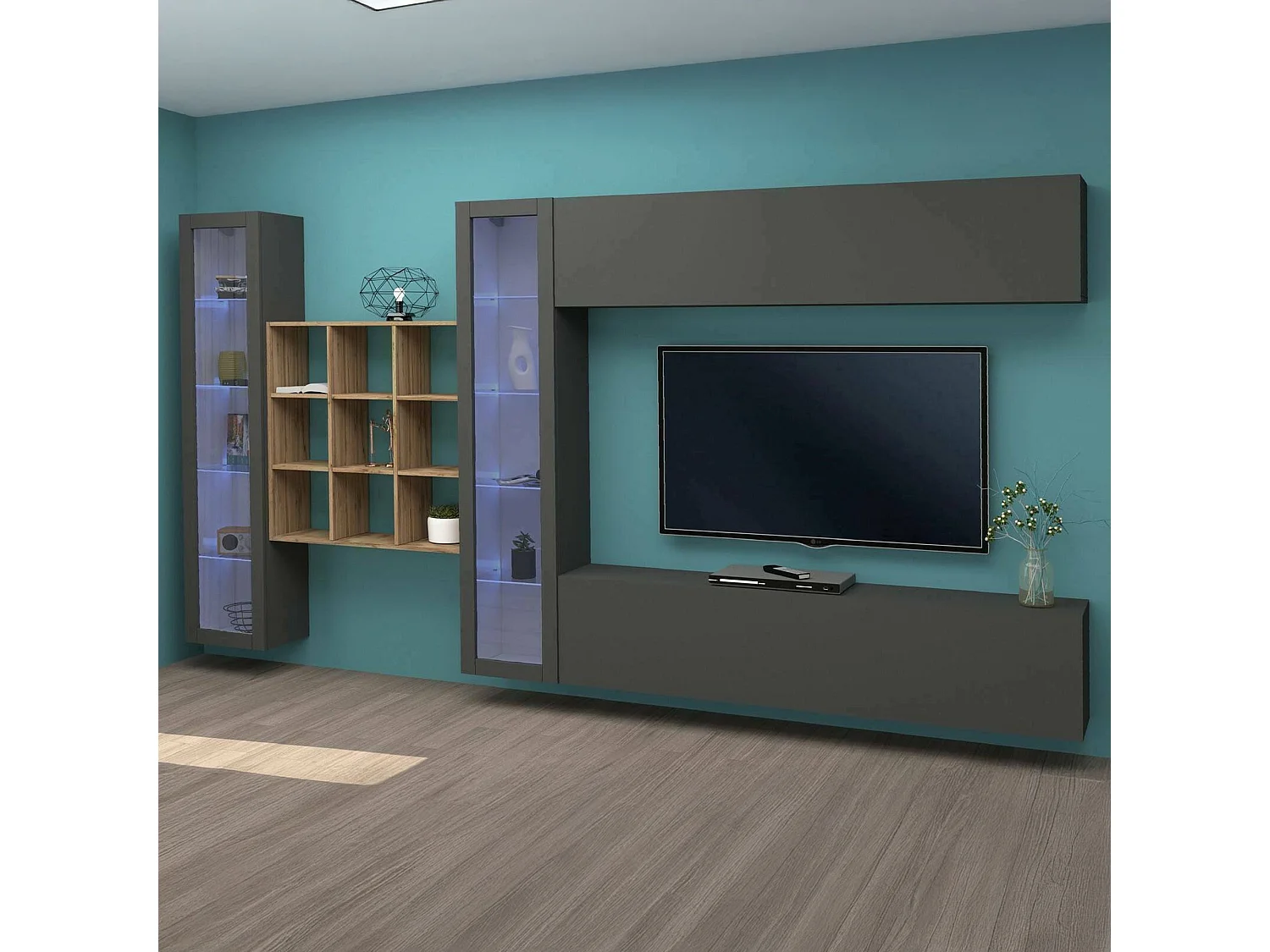 Système mural Dfancon, ensemble de salon meuble TV 4 portes, meuble de salon polyvalent avec vitrine et lumière LED, 100% Made in Italy, 350x30h180 cm, Anthracite
