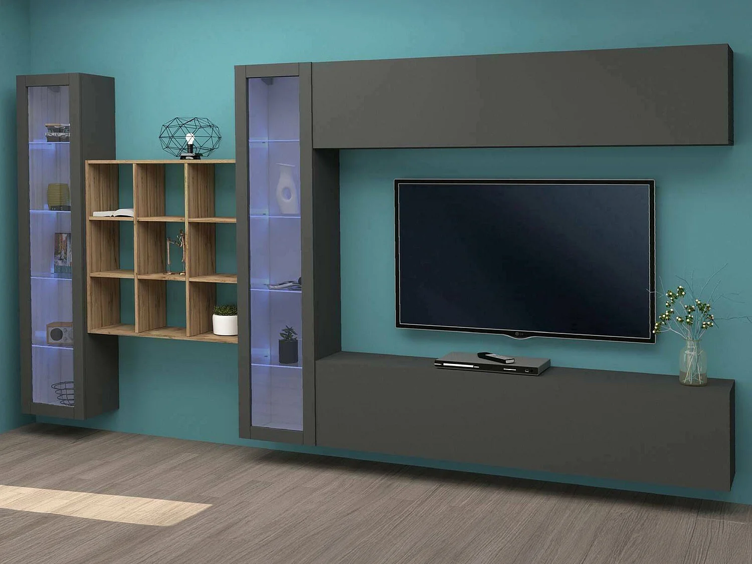 Système mural Dfancon, ensemble de salon meuble TV 4 portes, meuble de salon polyvalent avec vitrine et lumière LED, 100% Made in Italy, 350x30h180 cm, Anthracite