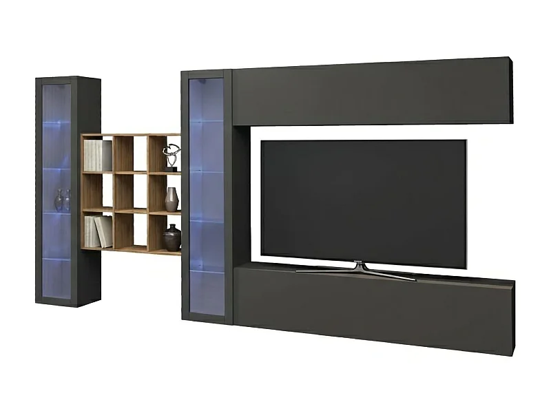 Système mural Dfancon, ensemble de salon meuble TV 4 portes, meuble de salon polyvalent avec vitrine et lumière LED, 100% Made in Italy, 350x30h180 cm, Anthracite