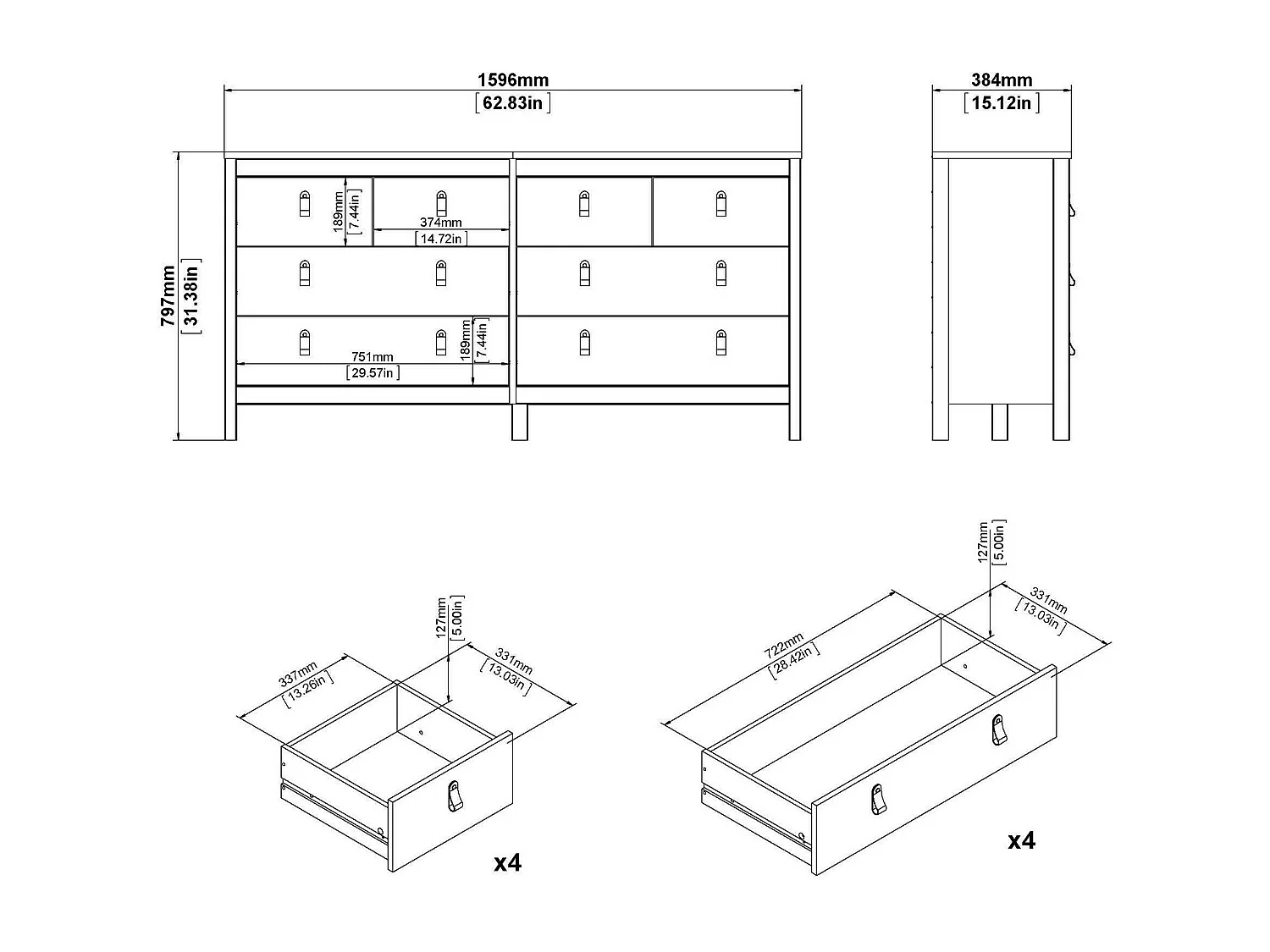 Kommode Dsart, Wohnzimmerbuffet, Wohnzimmer-Sideboard, Moderne Küchen-Speisekammer, 160x38 h80 cm, WeiÃŸ