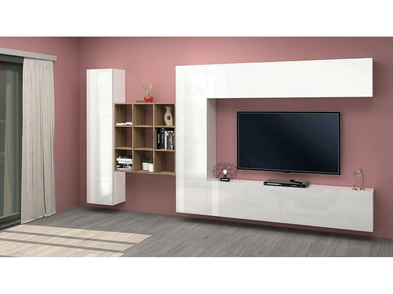 Système mural Dfallic, meuble TV 4 portes, Meuble de salon polyvalent, 100% Made in Italy, 350x30h180 cm, Blanc brillant