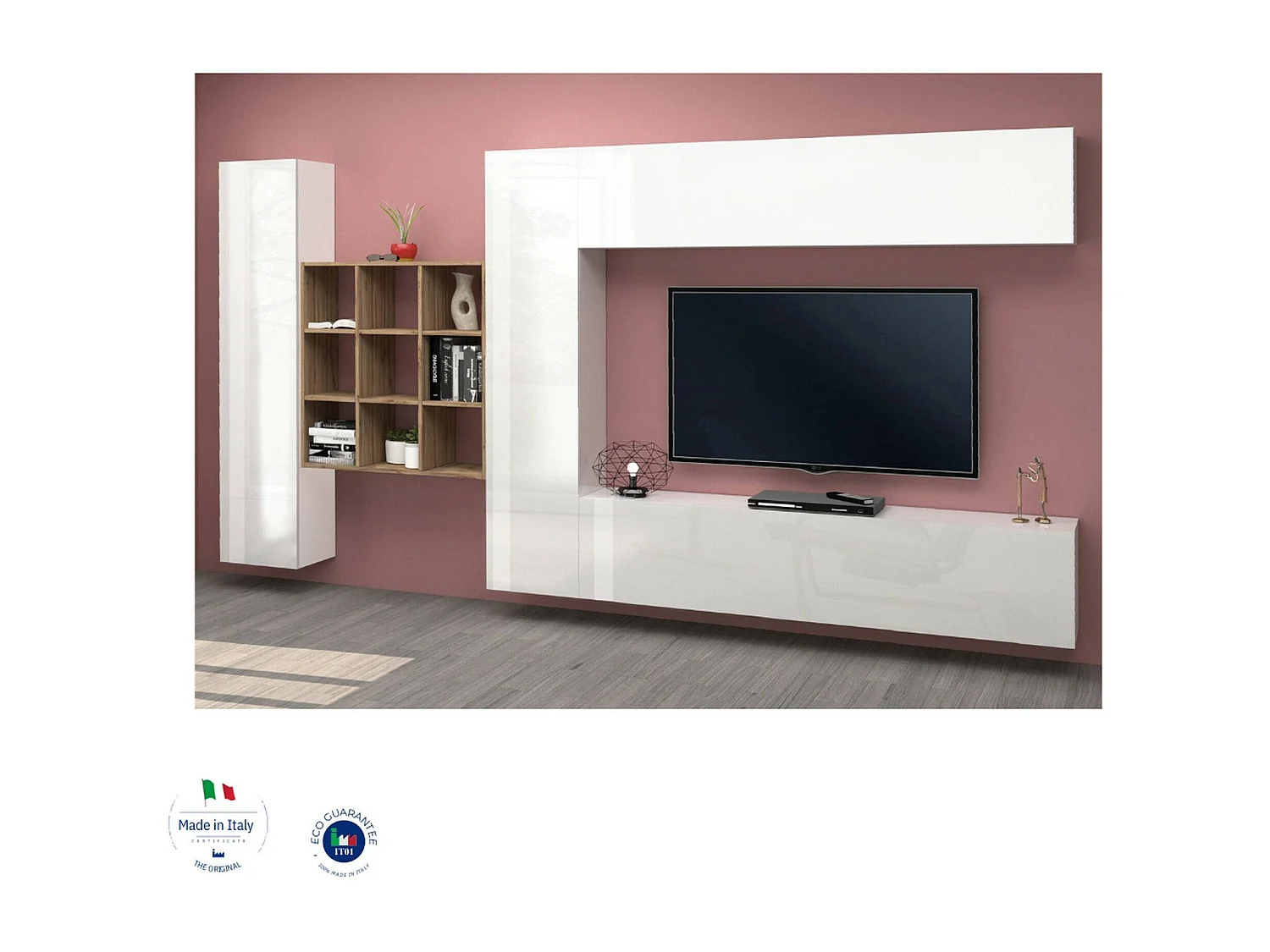 Système mural Dfallic, meuble TV 4 portes, Meuble de salon polyvalent, 100% Made in Italy, 350x30h180 cm, Blanc brillant