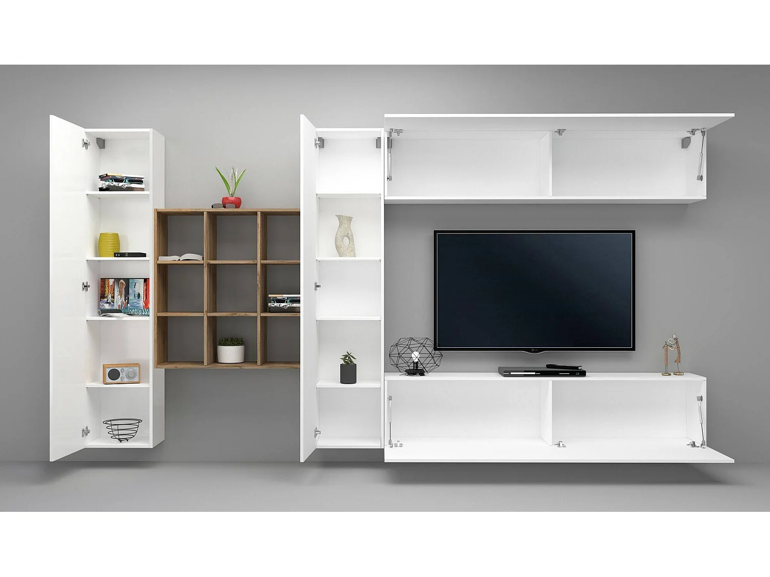 Système mural Dfallic, meuble TV 4 portes, Meuble de salon polyvalent, 100% Made in Italy, 350x30h180 cm, Blanc brillant