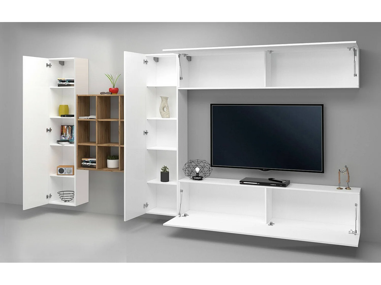 Système mural Dfallic, meuble TV 4 portes, Meuble de salon polyvalent, 100% Made in Italy, 350x30h180 cm, Blanc brillant