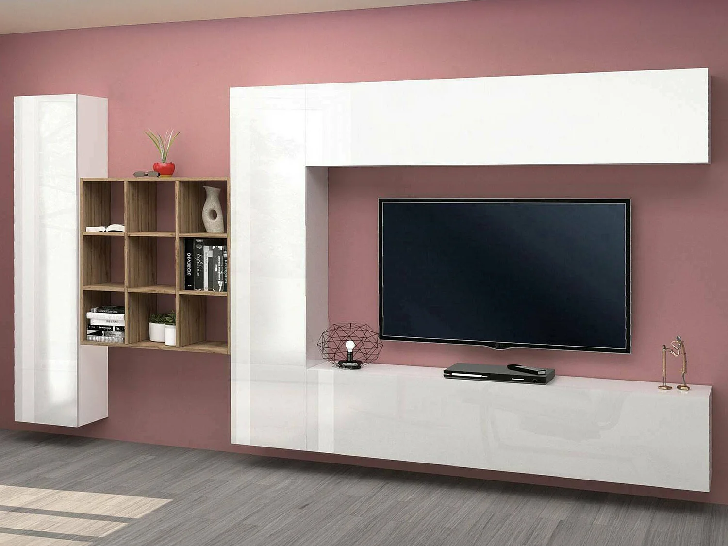 Système mural Dfallic, meuble TV 4 portes, Meuble de salon polyvalent, 100% Made in Italy, 350x30h180 cm, Blanc brillant