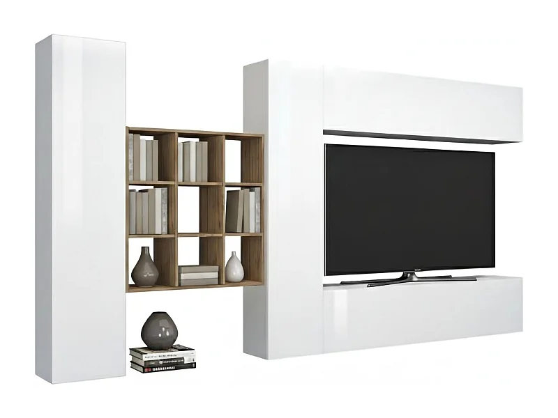 Système mural Dfallic, meuble TV 4 portes, Meuble de salon polyvalent, 100% Made in Italy, 350x30h180 cm, Blanc brillant
