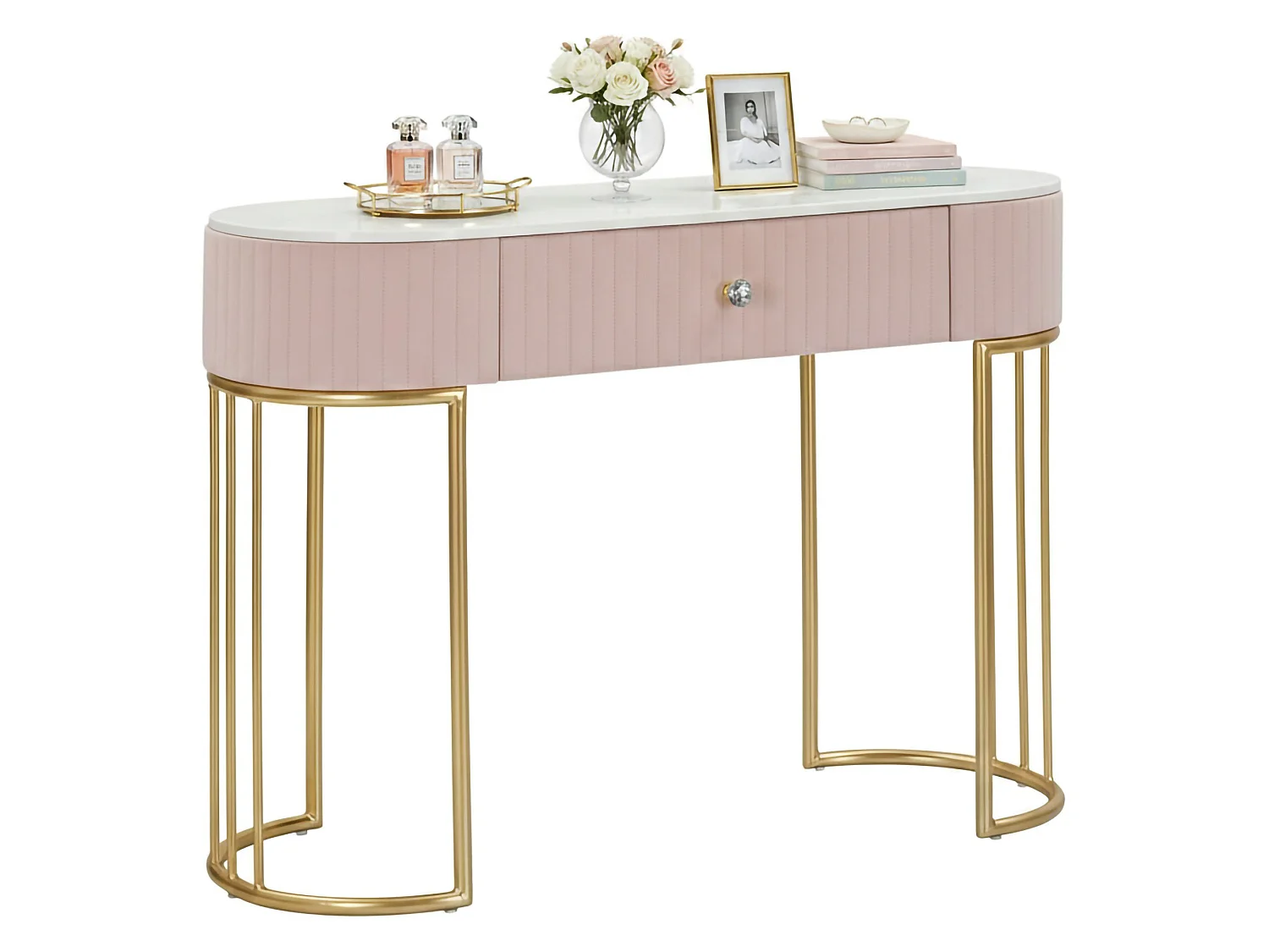 Console AbstraktesÂ , Table polyvalente, Armoire de rangement, Bureau du couloir, 100x40 h75 cm, Rose et Blanc