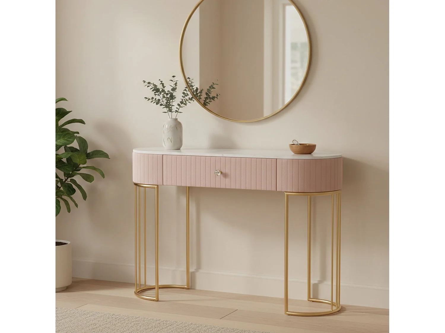 Console AbstraktesÂ , Table polyvalente, Armoire de rangement, Bureau du couloir, 100x40 h75 cm, Rose et Blanc