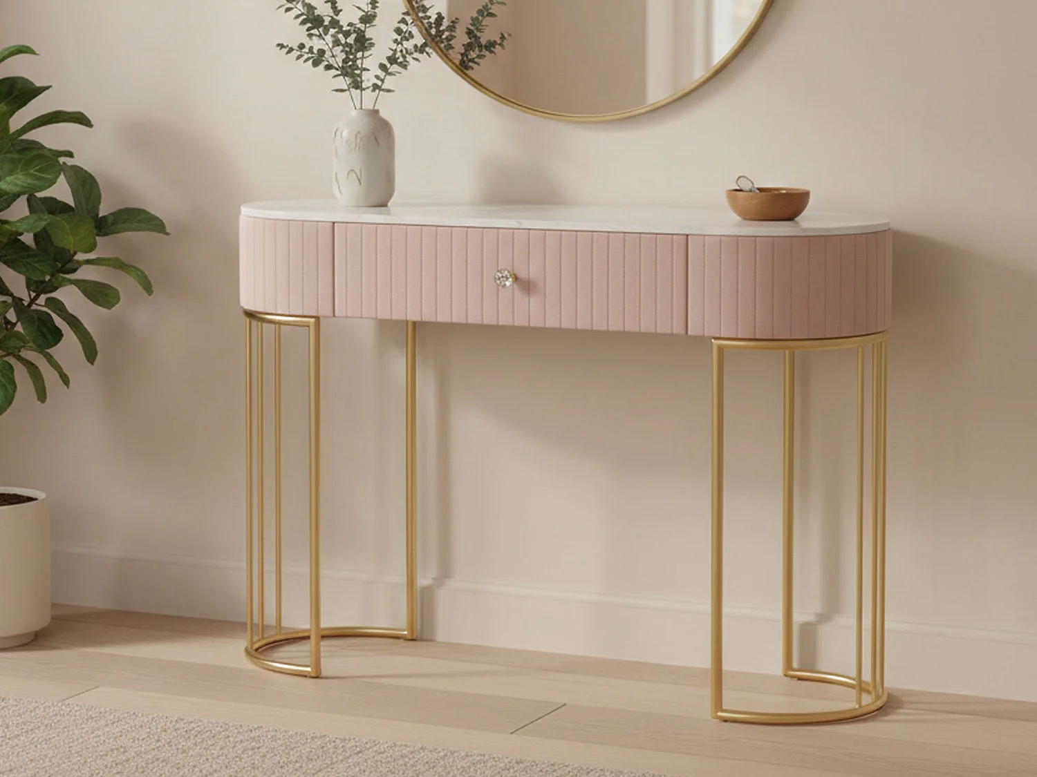 Console AbstraktesÂ , Table polyvalente, Armoire de rangement, Bureau du couloir, 100x40 h75 cm, Rose et Blanc