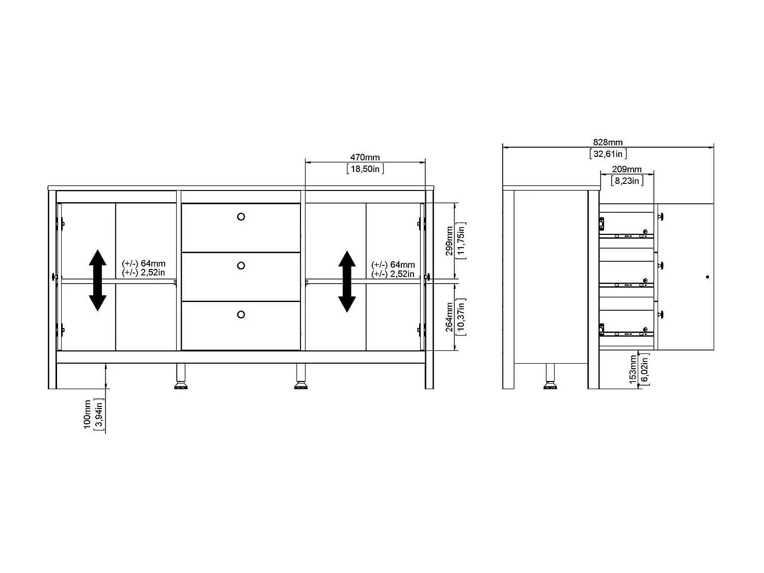 Buffet Dsaracc, Buffet du salon, Commode de salon, Garde-manger de cuisine, 151x38 h80 cm, Noir