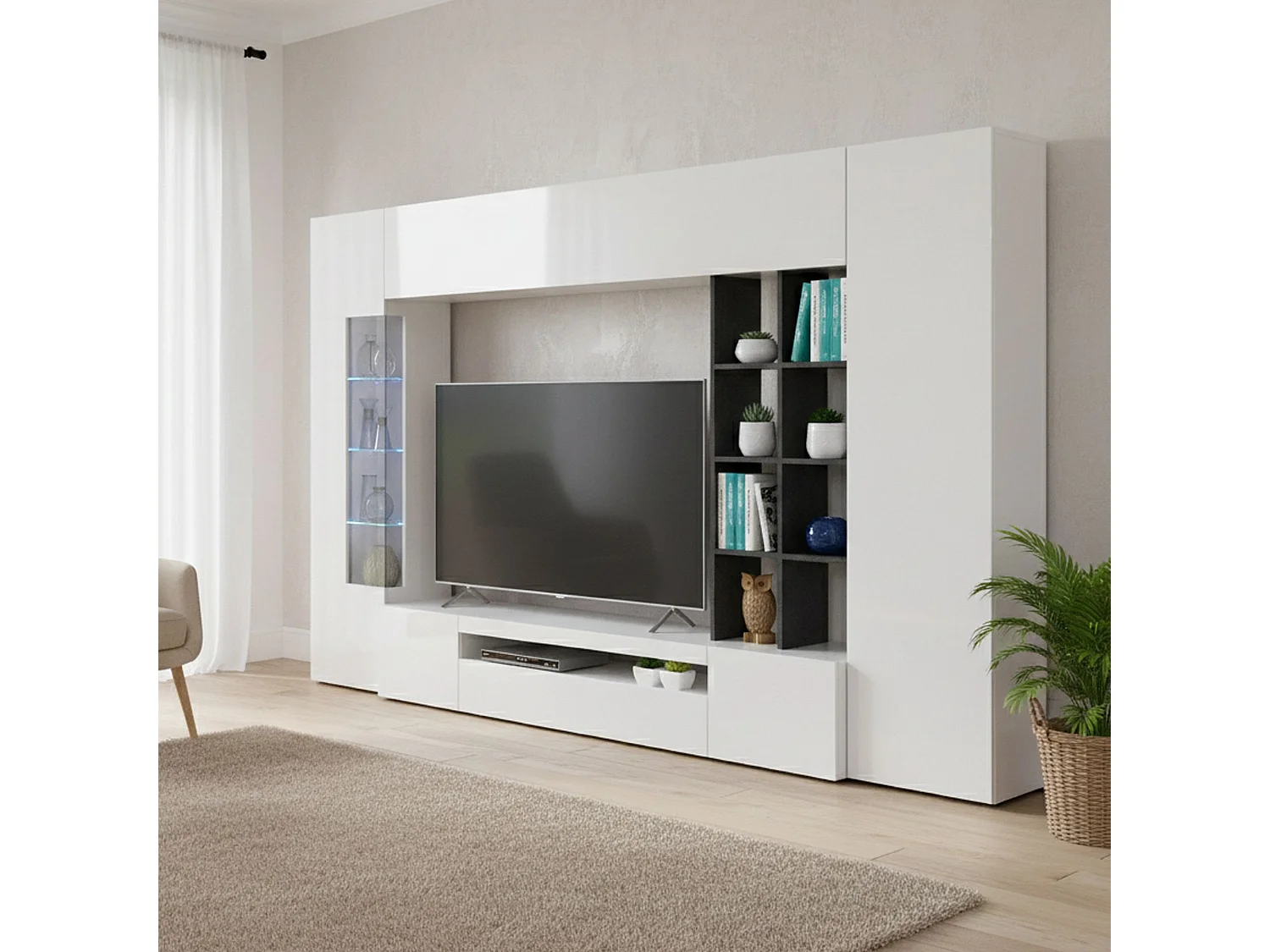 Ensemble mural Ocean, meuble TV pour salon, meuble de salon polyvalent avec lumière LED, 100% Made in Italy, 290x40h192 cm, blanc brillant et ardoise