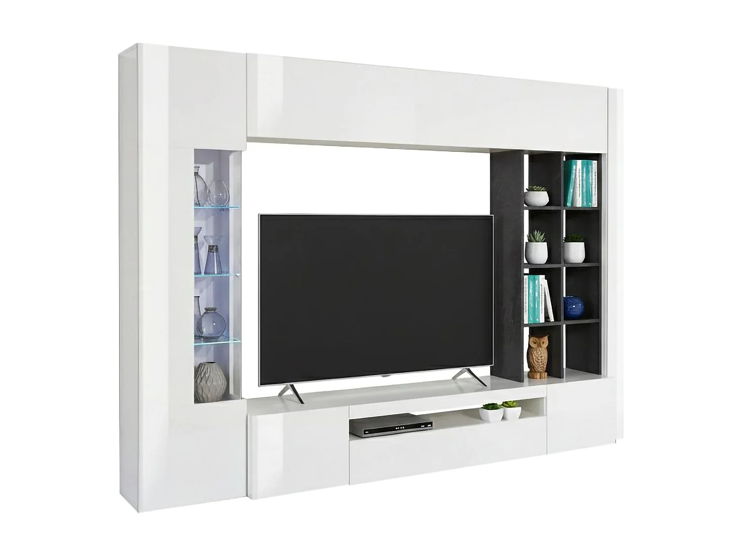 Pared Equipada Ocean, Conjunto de salón con soporte TV, Mueble salón polivalente con luz LED, 100% Made in Italy, cm 290x40h192, Blanco Brillo y Pizarra
