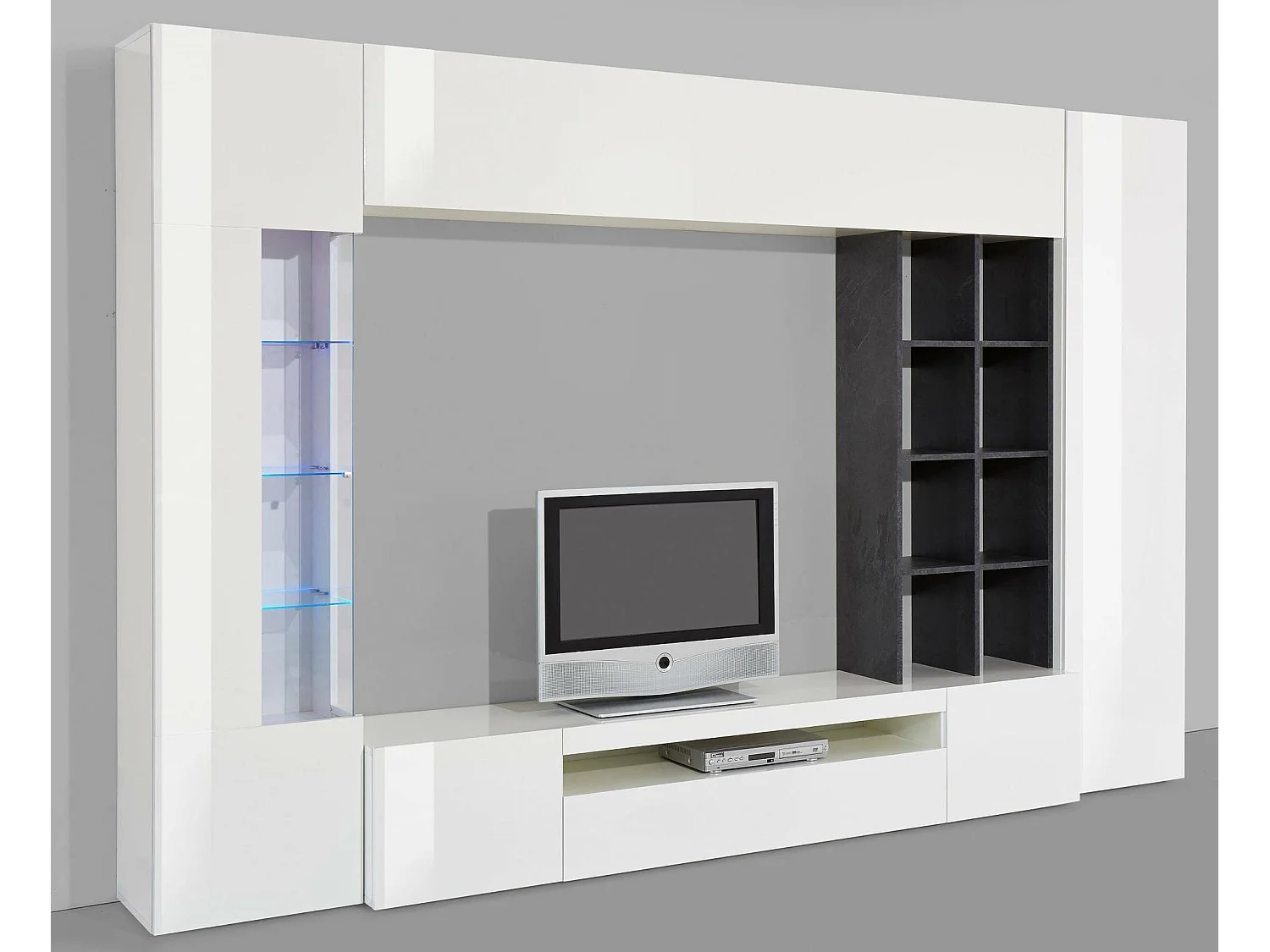 Pared Equipada Ocean, Conjunto de salón con soporte TV, Mueble salón polivalente con luz LED, 100% Made in Italy, cm 290x40h192, Blanco Brillo y Pizarra