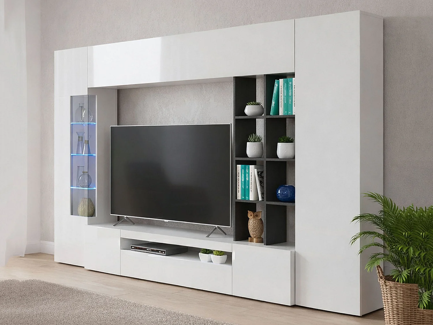 Ensemble mural Ocean, meuble TV pour salon, meuble de salon polyvalent avec lumière LED, 100% Made in Italy, 290x40h192 cm, blanc brillant et ardoise