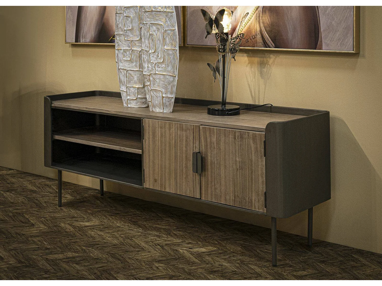 Mueble de televisión Cannon, Aparador de salón, Mueble bajo para TV, Base de pared equipada, 150x42 h58 cm, Gris y Marrón