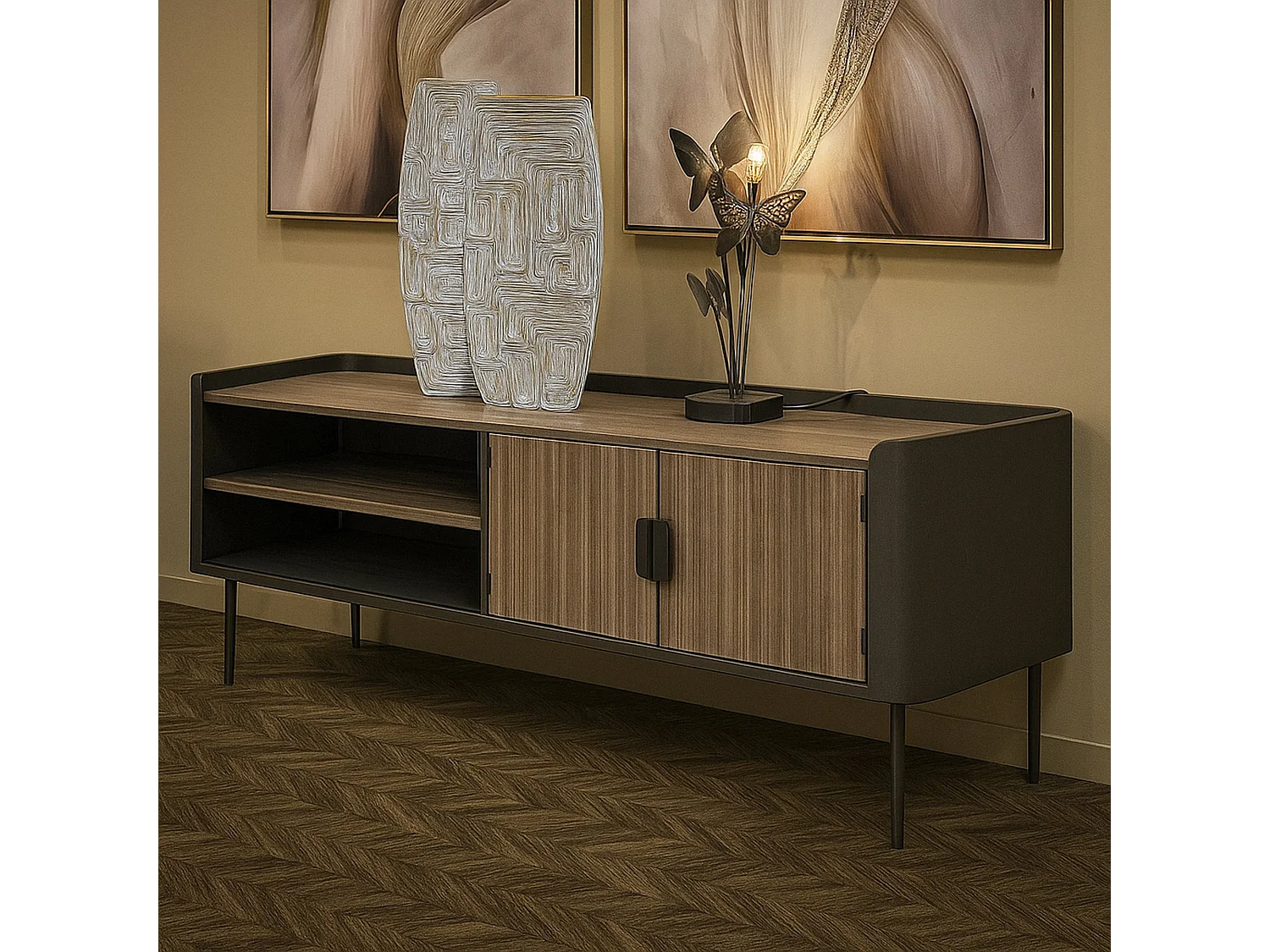 Cannon TV-meubel, Woonkamerdressoir, Lage tv-kast, Voorzien van wandbasis, 150x42 h58 cm, Grijs en Bruin