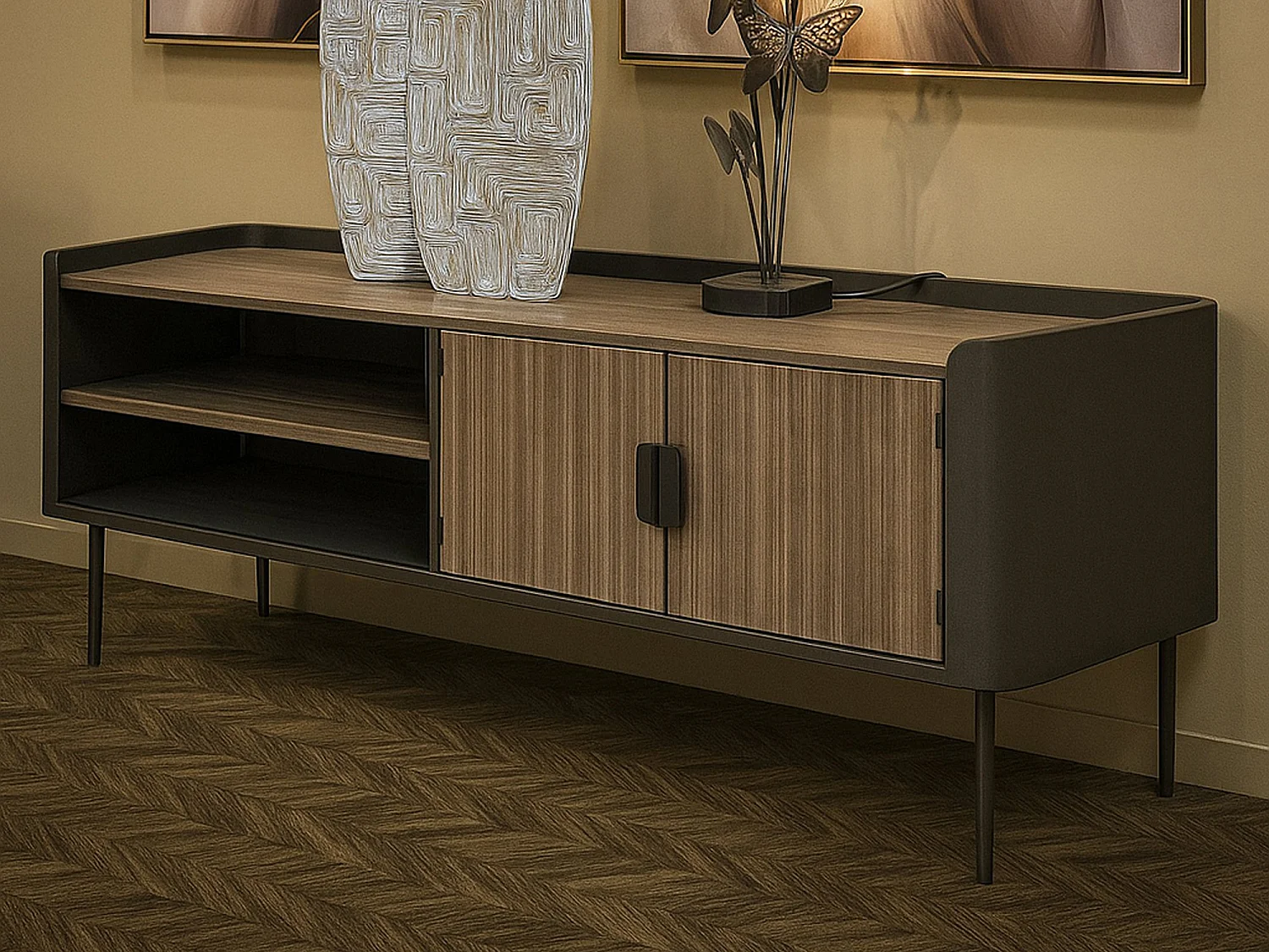 Cannon TV-meubel, Woonkamerdressoir, Lage tv-kast, Voorzien van wandbasis, 150x42 h58 cm, Grijs en Bruin