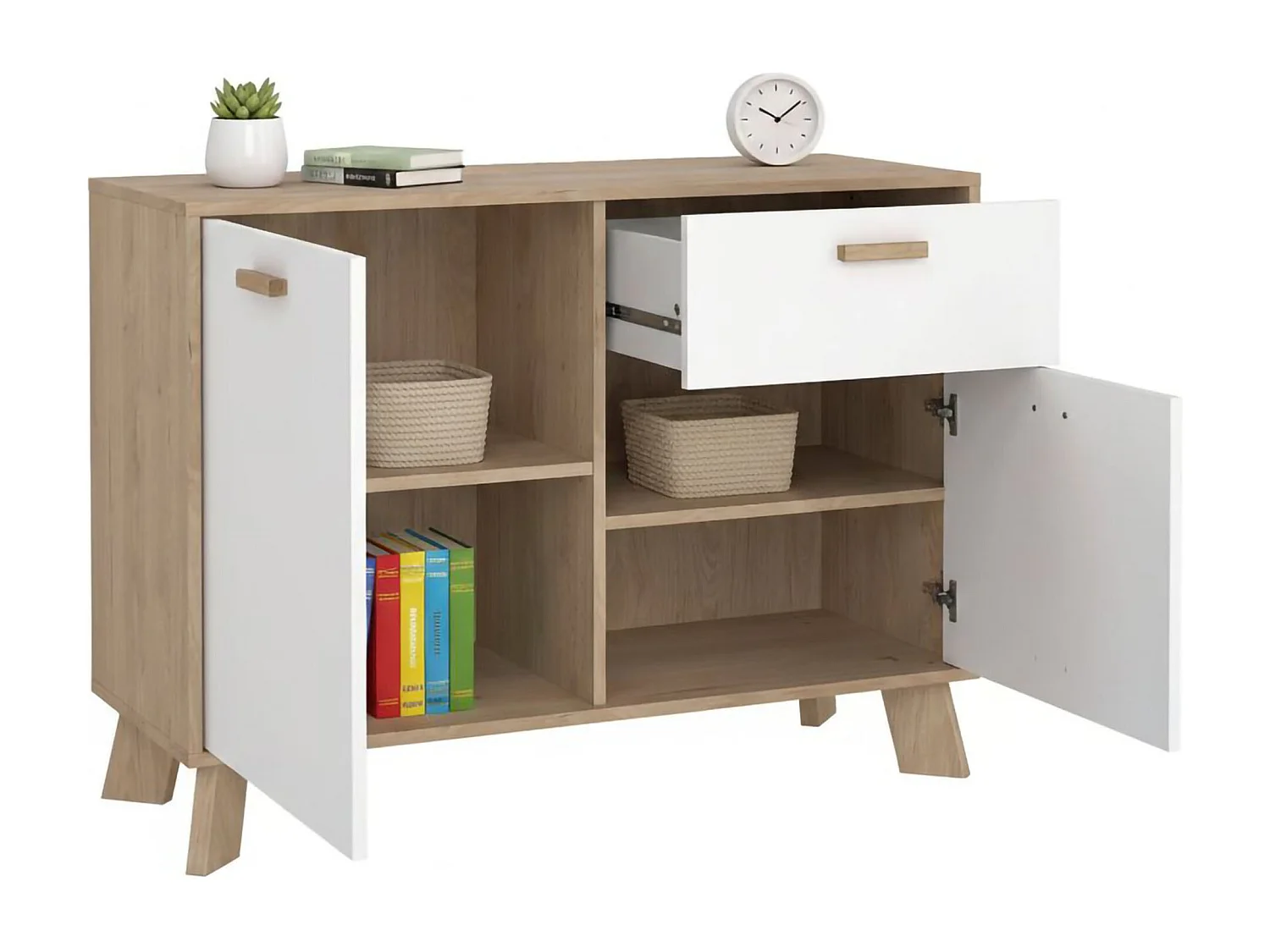 Buffet Drinco, Buffet du salon, Commode de salon, Garde-manger de cuisine, 99x39 h73 cm, Chêne clair et Blanc