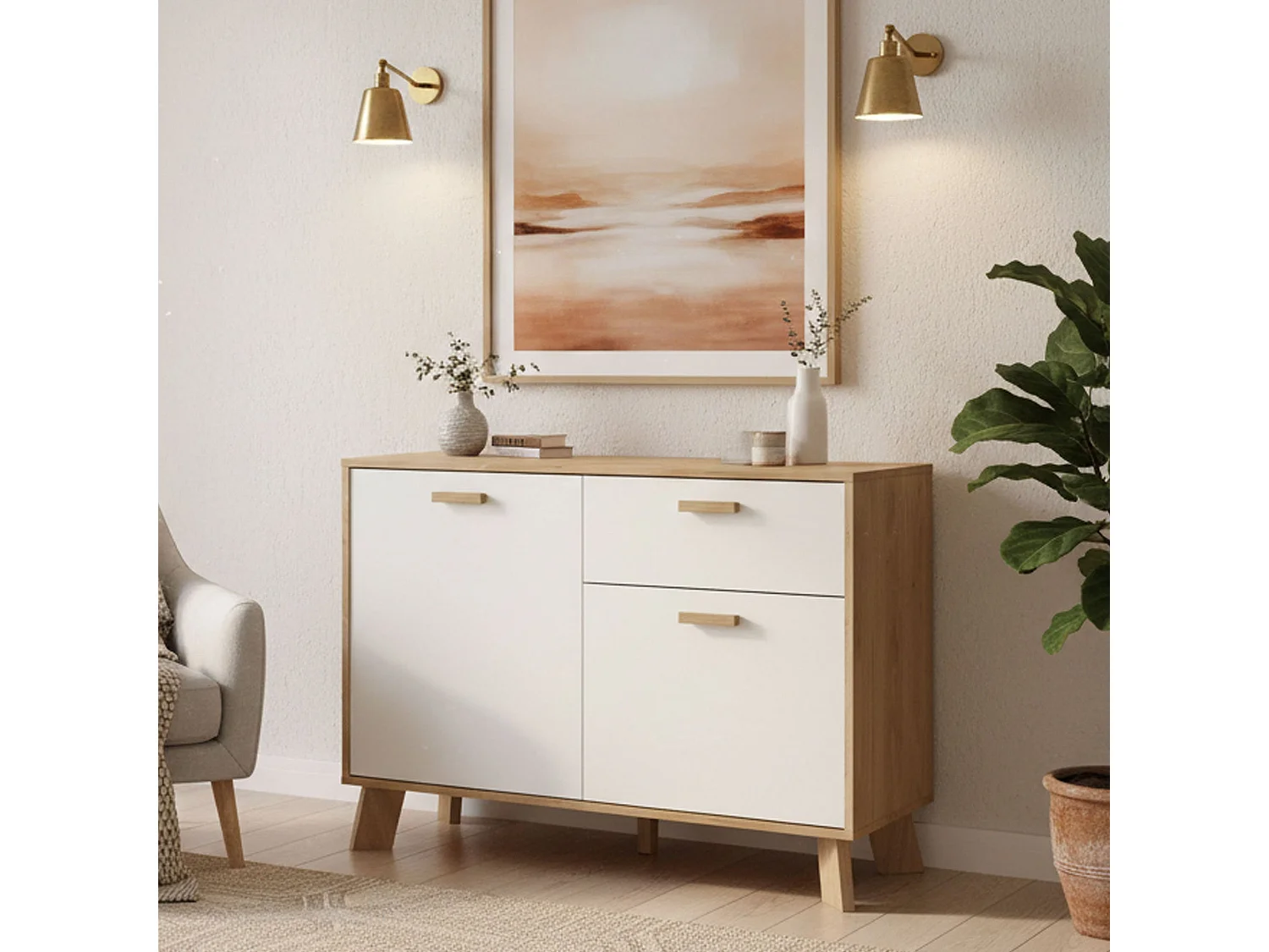 Buffet Drinco, Buffet du salon, Commode de salon, Garde-manger de cuisine, 99x39 h73 cm, Chêne clair et Blanc
