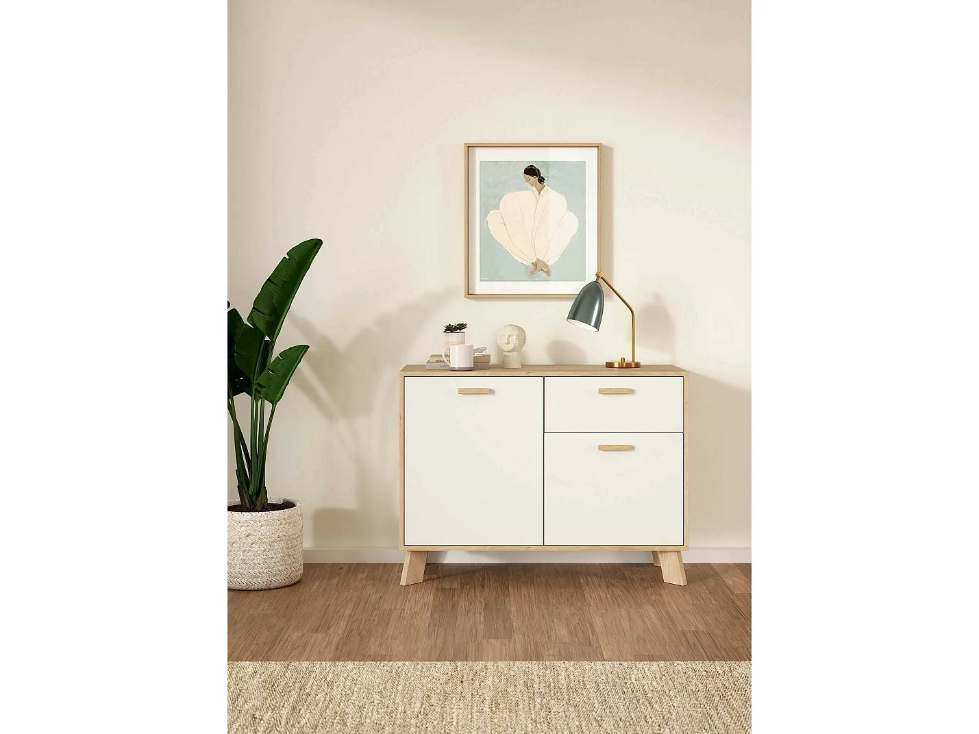 Aparador Drinco, Buffet de sala, Aparador de sala, Despensa de cozinha, 99x39 h73 cm, Carvalho e Branco