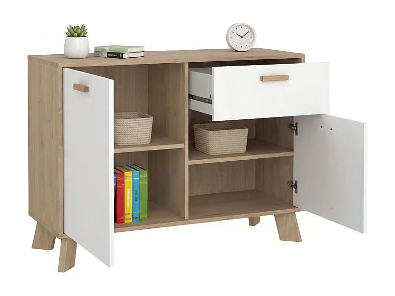 Drinco dressoir, Woonkamerbuffet, Woonkamerdressoir, Keukenkast, 99x39 h73 cm, Eiken en Wit