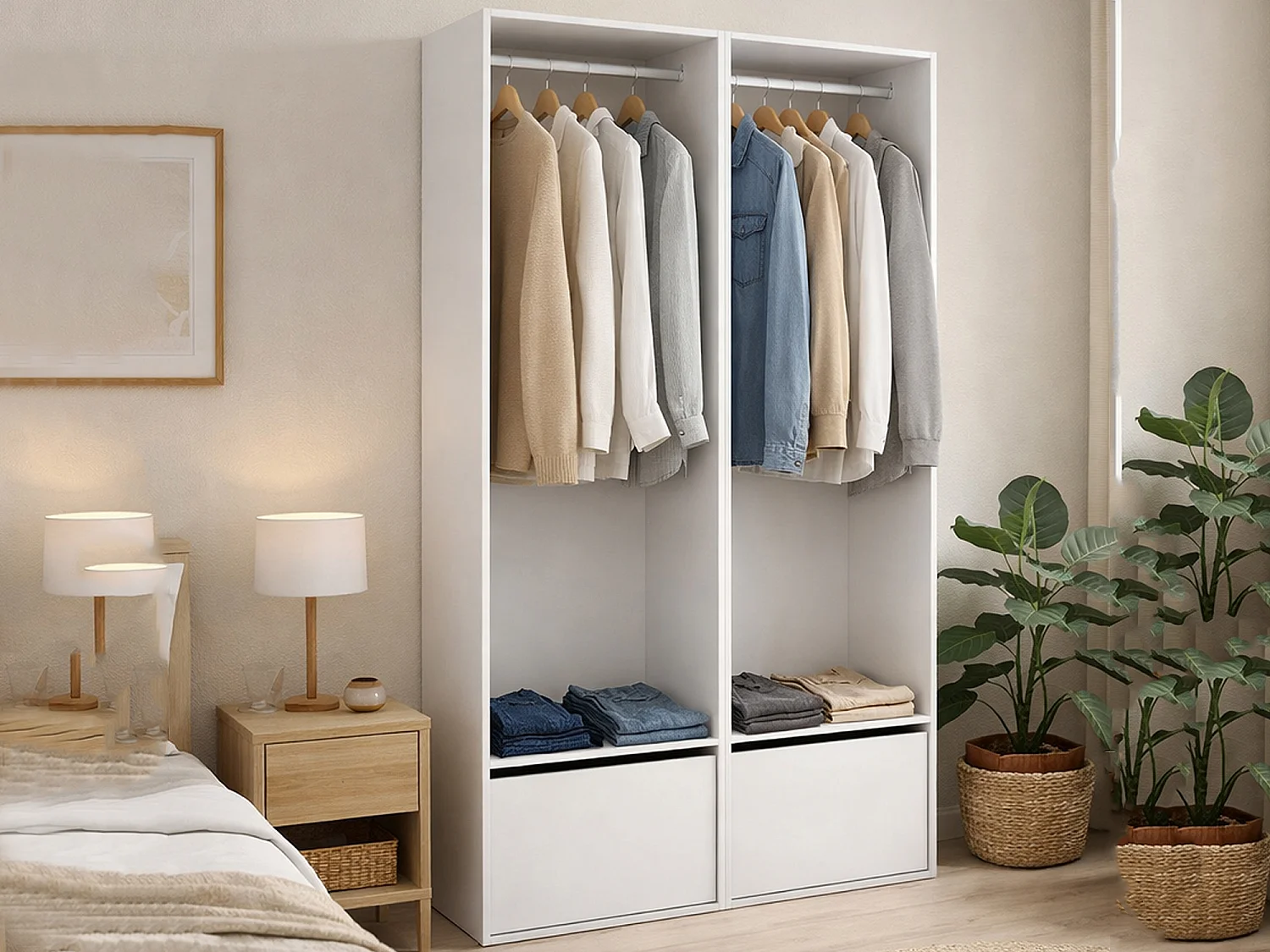 Grande Garde-robe Dra, Meubles de chambre, Penderie de plain-pied, Placard à vêtements, 120x45 h205 cm, Blanc et Chêne clair