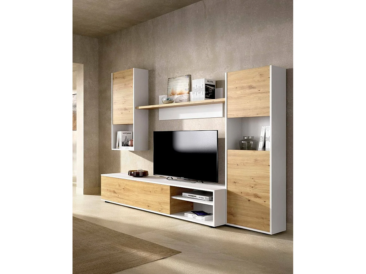 Système mural Foraker, ensemble de salon meuble TV, meuble de salon polyvalent, 220x41h180 cm, Chêne noué et blanc
