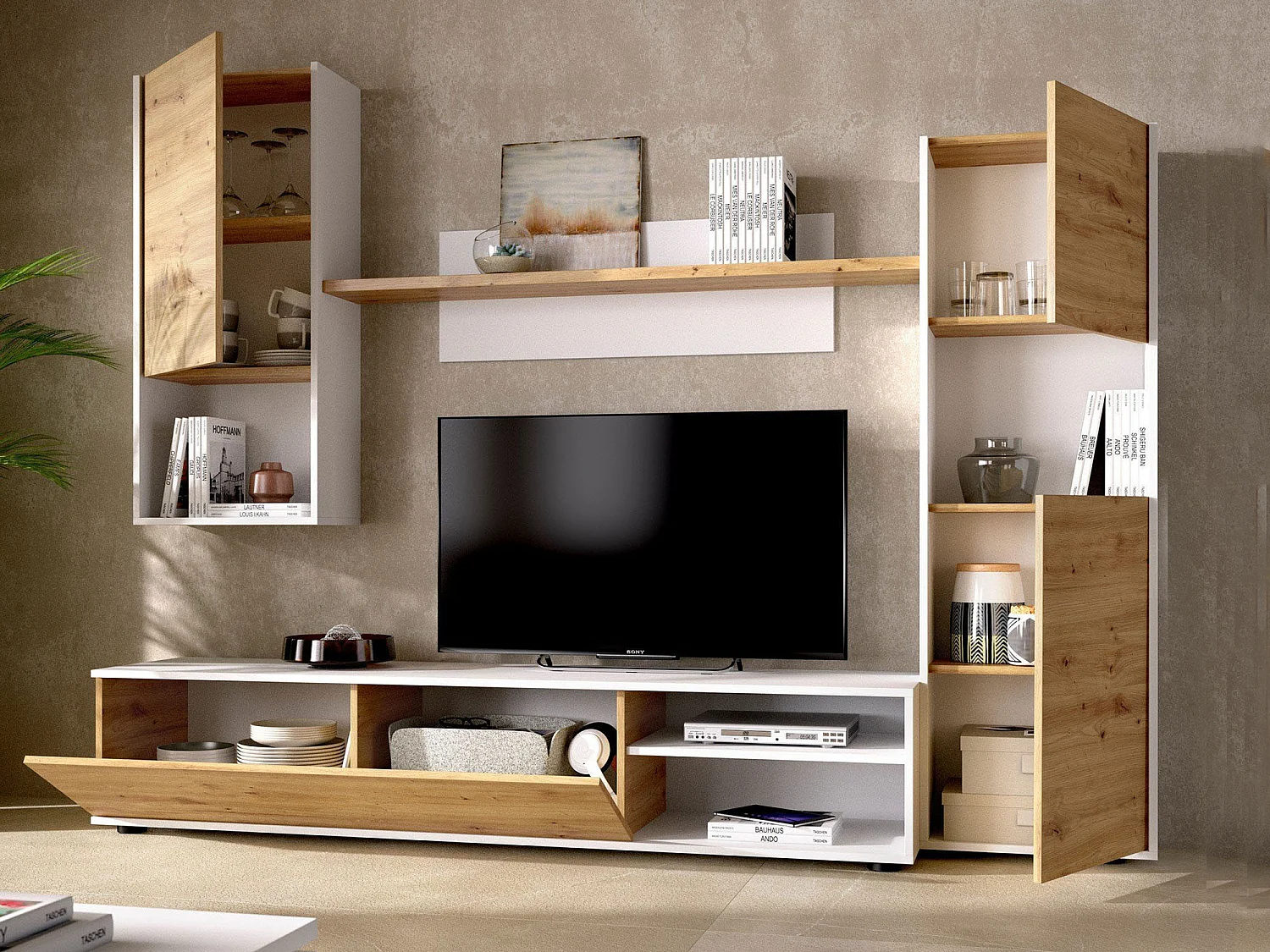 Sistema de parede Foraker, conjunto de sala de TV, móveis de sala multiuso, 220x41h180 cm, carvalho atado e branco