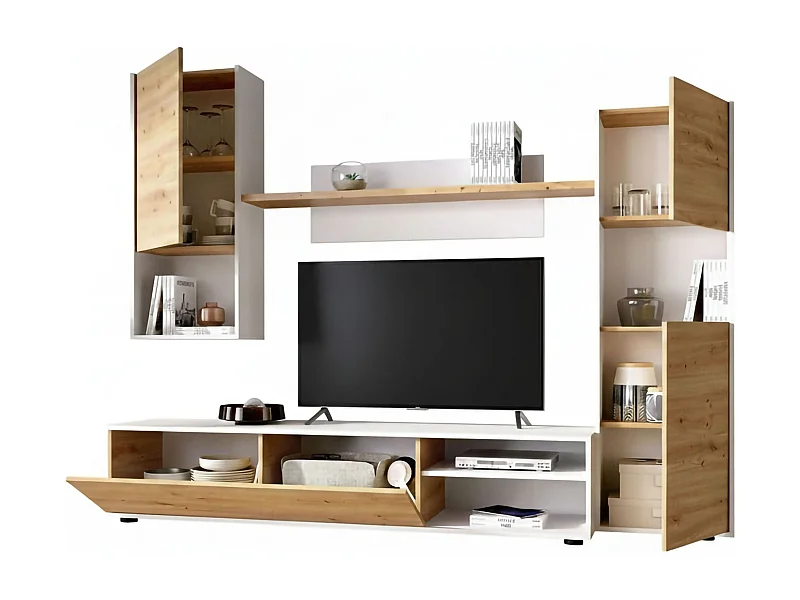 Dmora Parete Attrezzata Foraker 41x220x180h cm Marrone Rovere Nodi 9 Ripiani Modulabile, Apertura Battente e a Ribalta