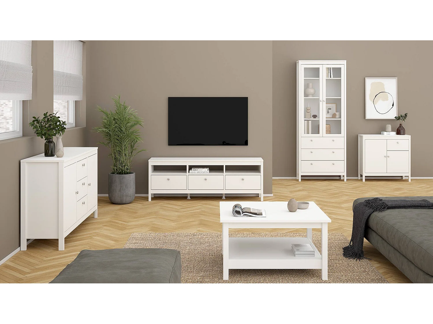 Meuble TV Dtofan, Buffet de salon, Armoire basse pour TV, Base murale de rangement, 151x38 h54 cm, Blanc
