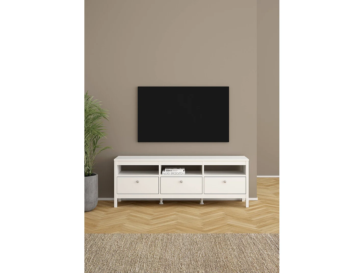 Meuble TV Dtofan, Buffet de salon, Armoire basse pour TV, Base murale de rangement, 151x38 h54 cm, Blanc