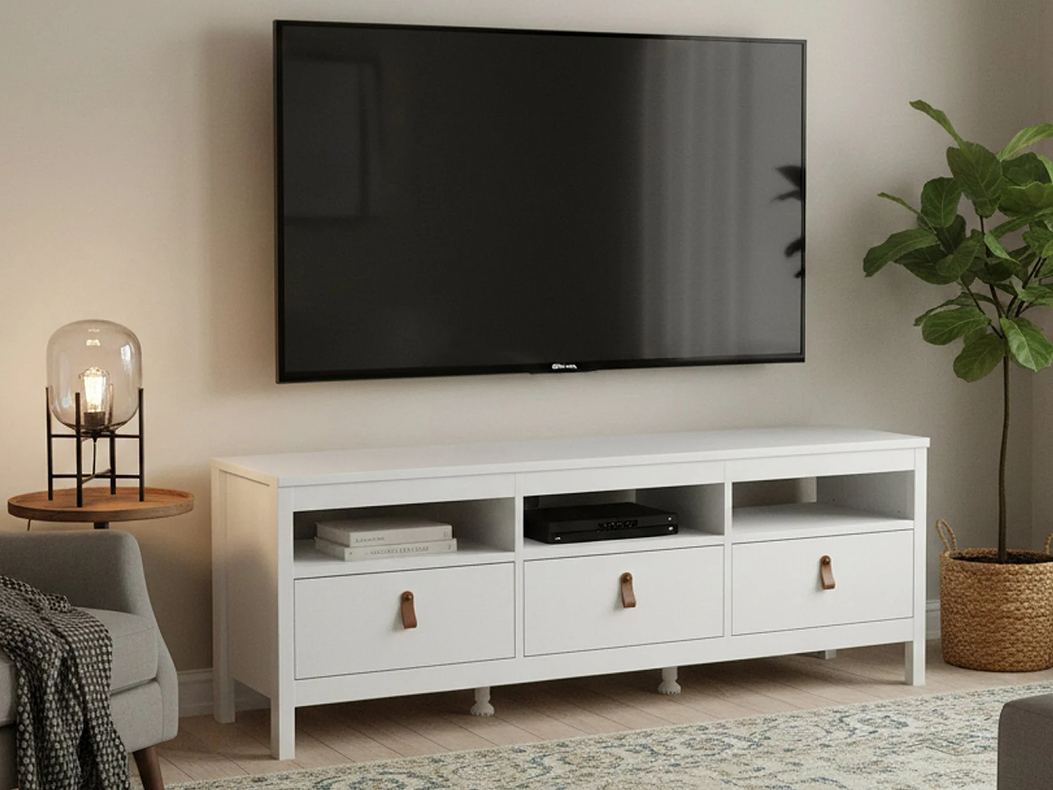Meuble TV Dtofan, Buffet de salon, Armoire basse pour TV, Base murale de rangement, 151x38 h54 cm, Blanc