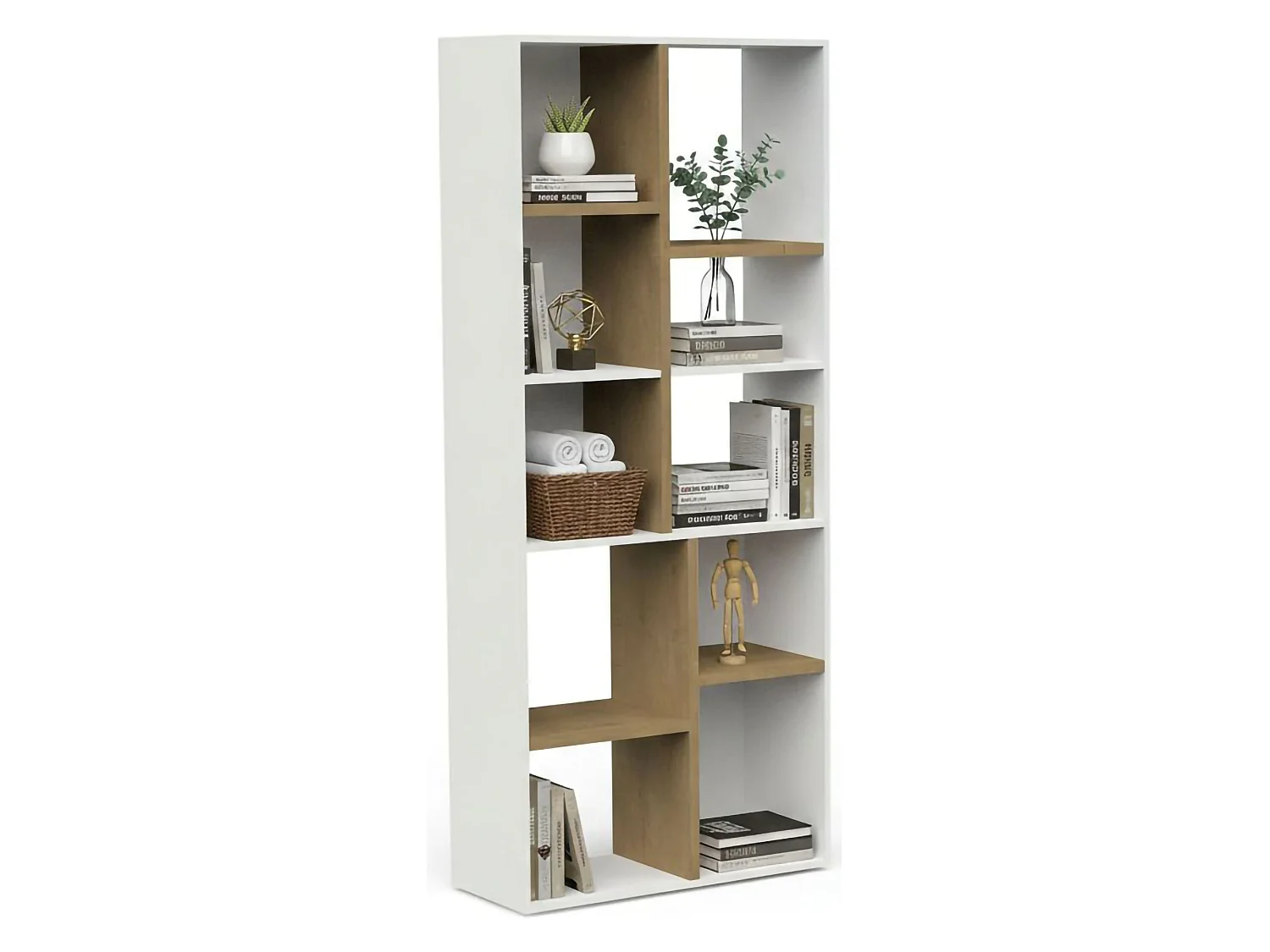 Bibliothèque Dlow, Etagère de bureau, Porte-livre mobile, Librairie, 78x36 h183 cm, Chêne clair et Blanc