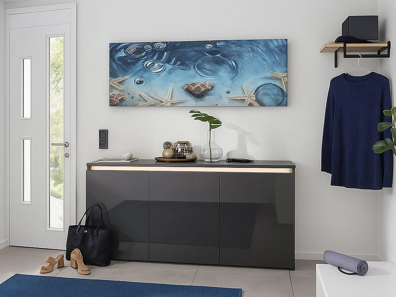 Buffet Pino, Buffet de cuisine 3 portes, Buffet de salon, 100% Made in Italy, 150x40h81 cm, Anthracite Brillant