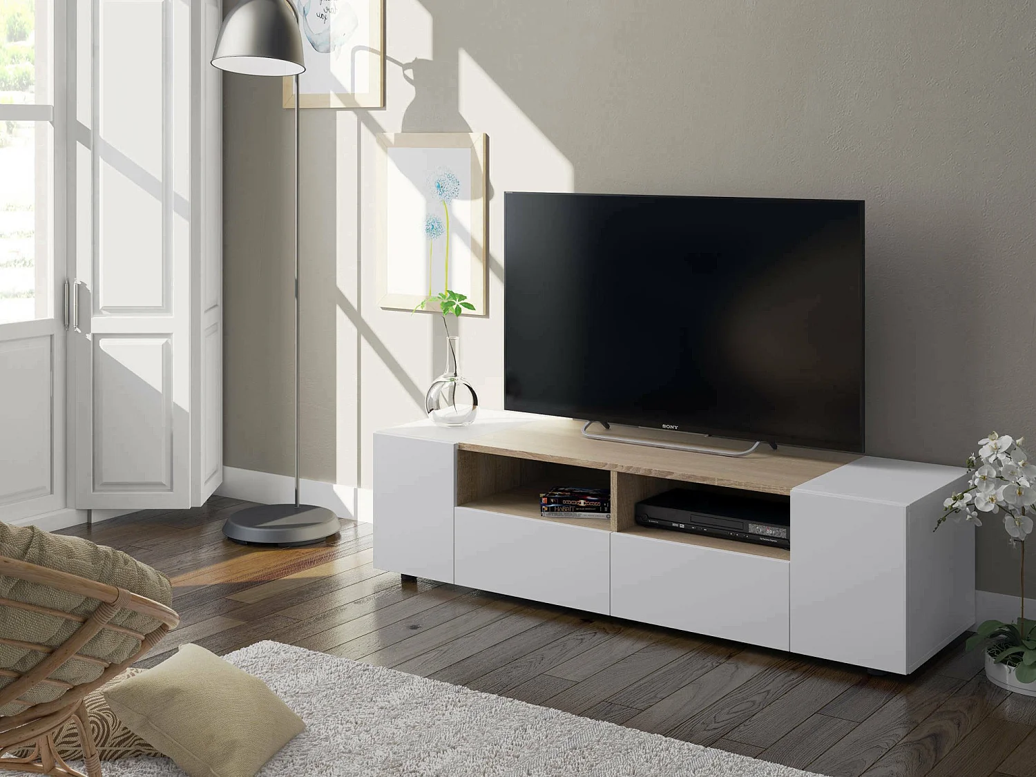 Móvel de TV Dmolino, Aparador para televisão da sala, Móvel de TV moderno, Aparador baixo multiusos, 138x42h36 cm, Branco e Carvalho