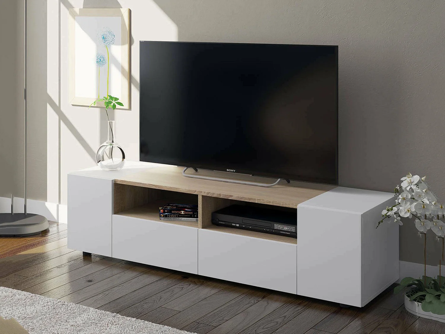 Dmolino TV-meubel, Dressoir voor televisie in de woonkamer, Modern TV-meubel, Multifunctioneel laag dressoir, 138x42h36 cm, Wit en Eiken