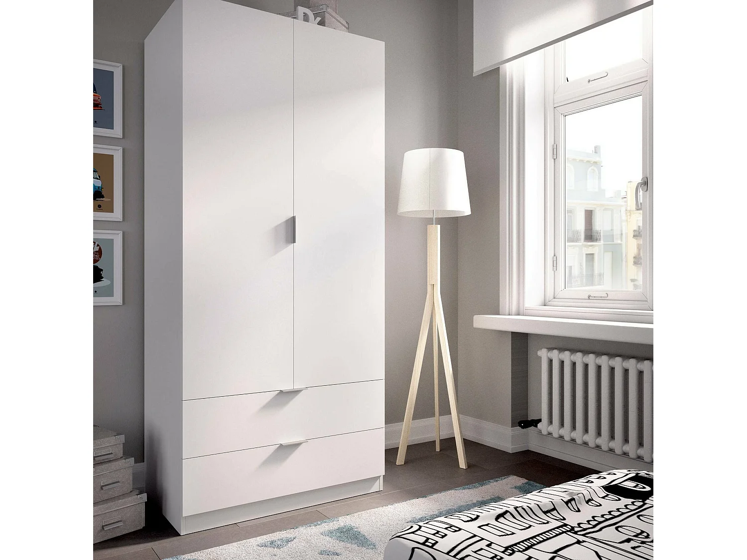 Armário Dlunin, Cabide para quarto, Armário com 2 portas de batente e 2 gavetas, 81x52h184 cm, Branco