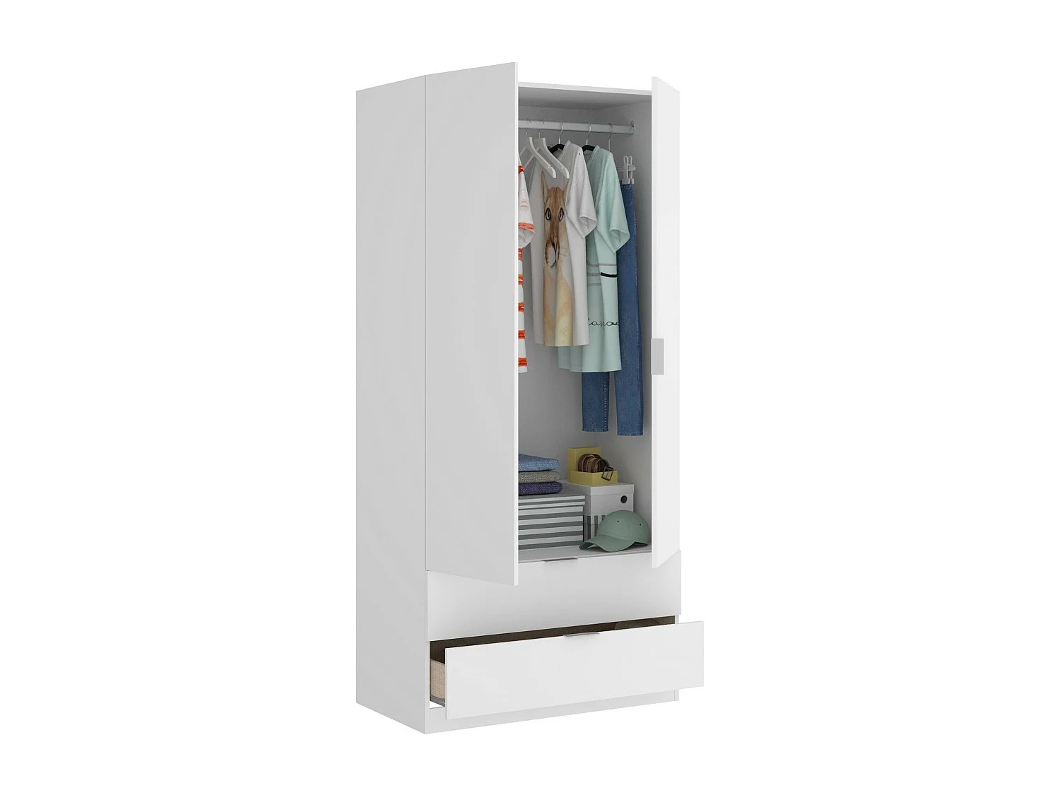Dlunin Armoire, Cintre pour chambre à coucher, Armoire avec 2 portes battantes et 2 tiroirs, 81x52h184 cm, Blanc