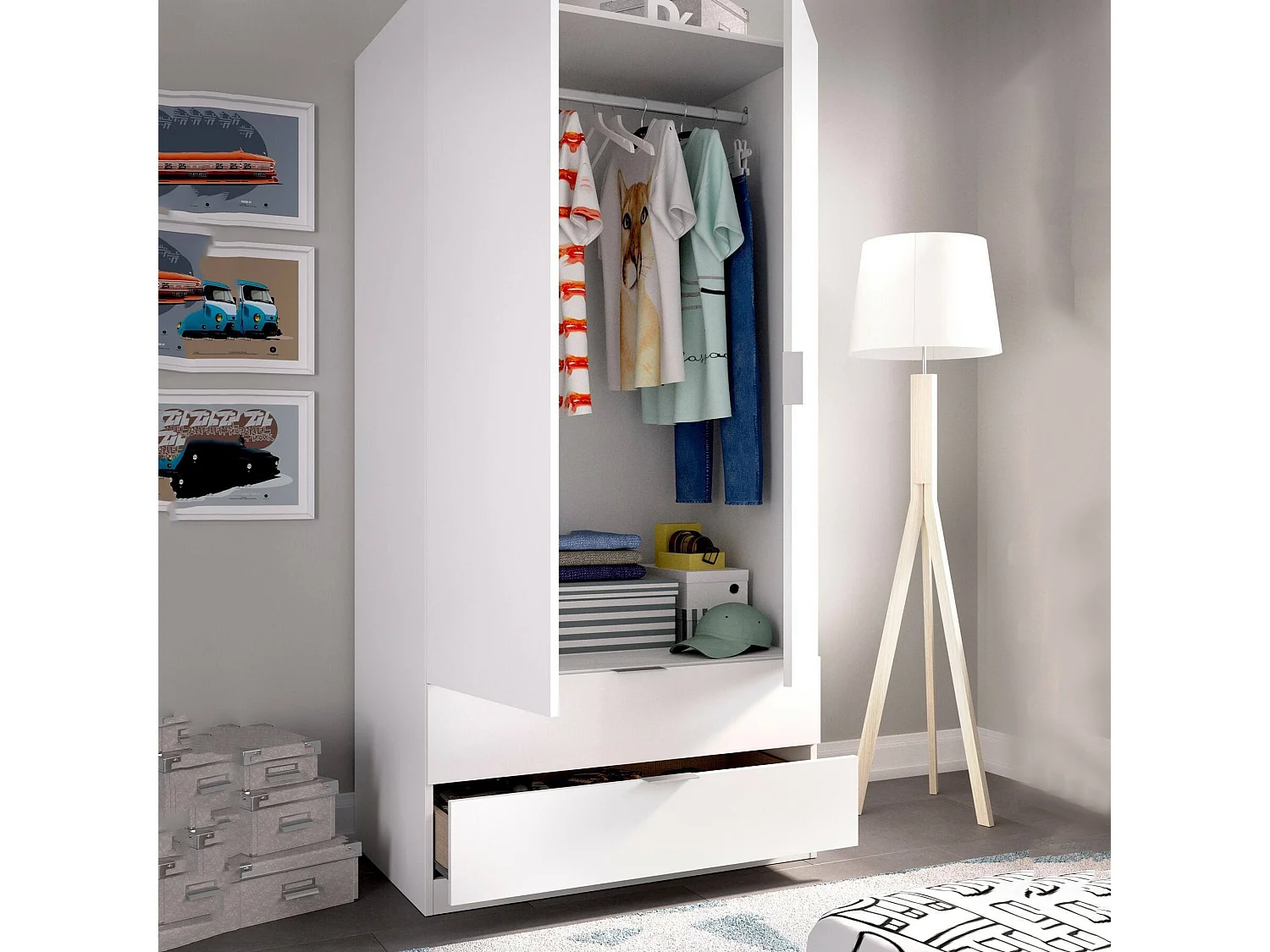 Guardaroba 2 Ante Anya, Appendiabiti, 52x184h cm Bianco, Armadio Camera da Letto