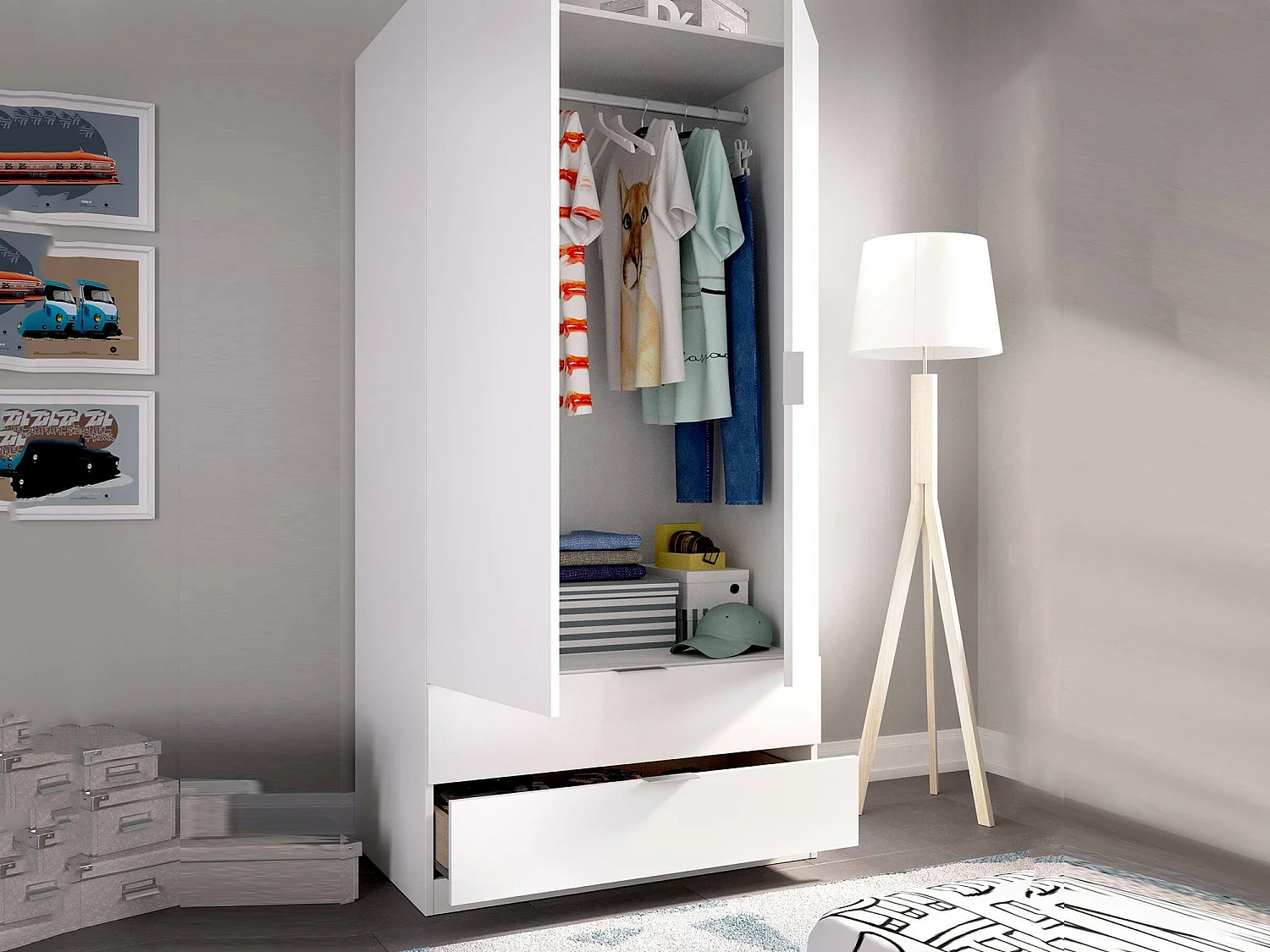 Dlunin Armoire, Cintre pour chambre à coucher, Armoire avec 2 portes battantes et 2 tiroirs, 81x52h184 cm, Blanc