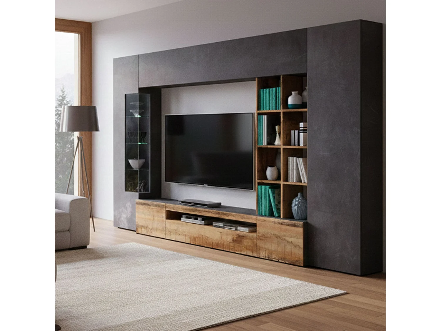 Unité murale Ocean, ensemble de salon meuble TV, meuble de salon polyvalent avec lumière LED, 100% Made in Italy, 290x40h192 cm, Ardoise et Érable