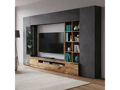 Dmora Wandmeubel Ocean 40x290x192h cm Leigrijs 20 Planken Klap- en Draaideuren, 6 Deuren Made in Italy