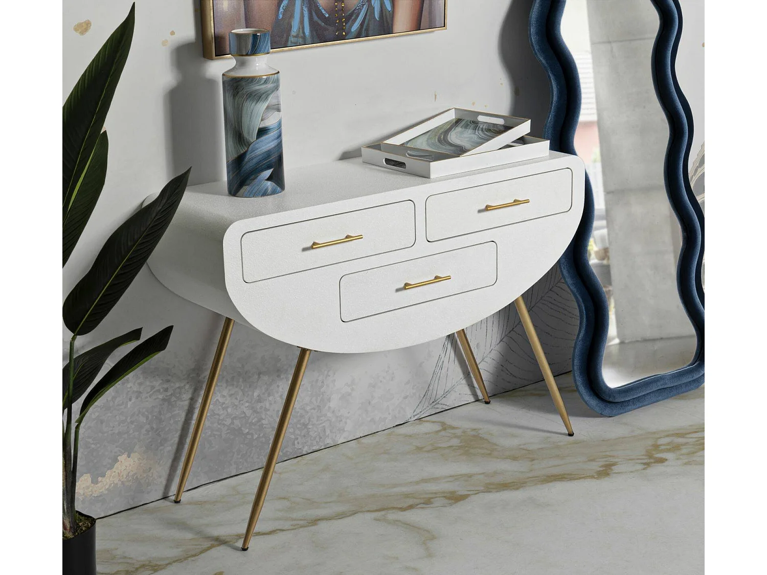 Console Tomato, Table polyvalente, Armoire de rangement, Bureau du couloir, 110x40 h80 cm, Blanc et Or