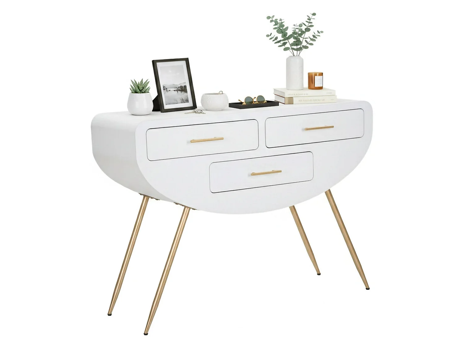 Console Tomato, Table polyvalente, Armoire de rangement, Bureau du couloir, 110x40 h80 cm, Blanc et Or