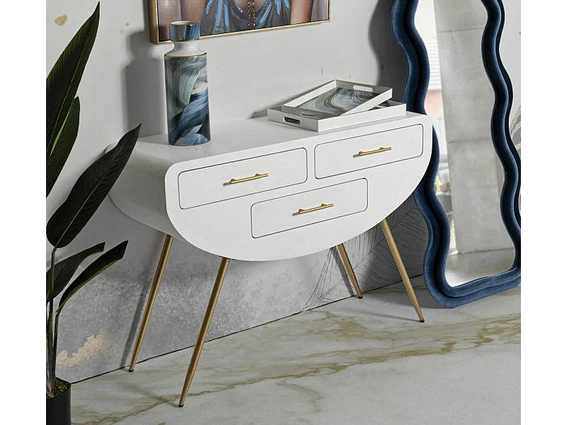 Console Tomato, Table polyvalente, Armoire de rangement, Bureau du couloir, 110x40 h80 cm, Blanc et Or