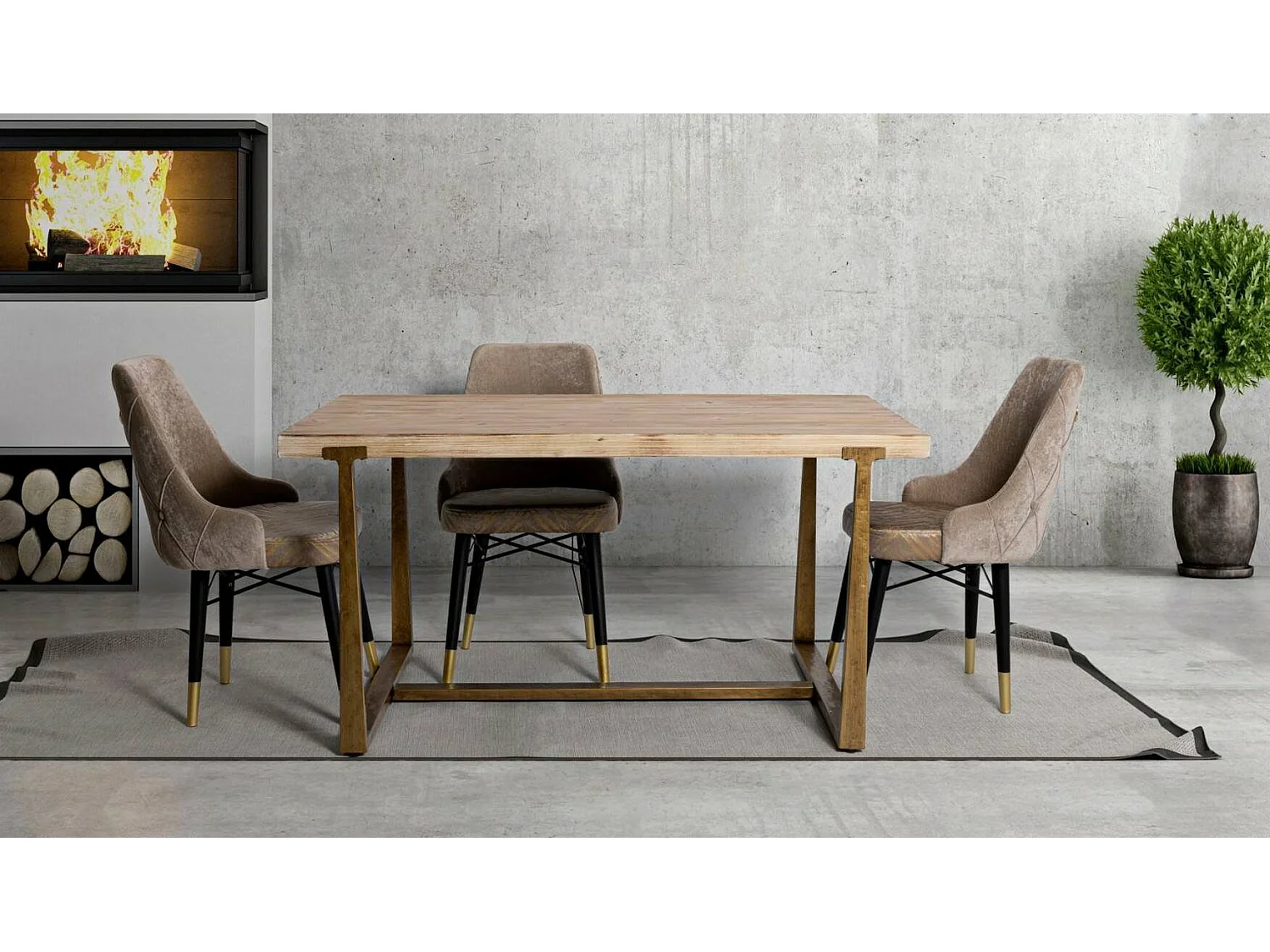 Table fixe Kazimir, Etagère de cuisine, Consolle à manger, Table rectangulaire fixe, Or et Marron, 150x90 h78 cm