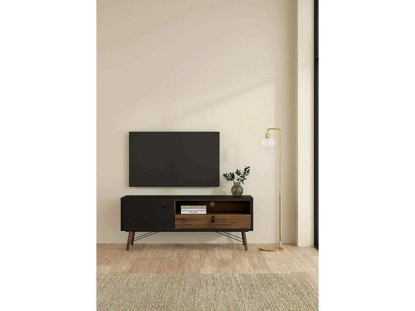 Meuble TV Dtomason, Buffet de salon, Armoire basse pour TV, Base murale de rangement, 150x40 h60 cm, Noir et Noyer