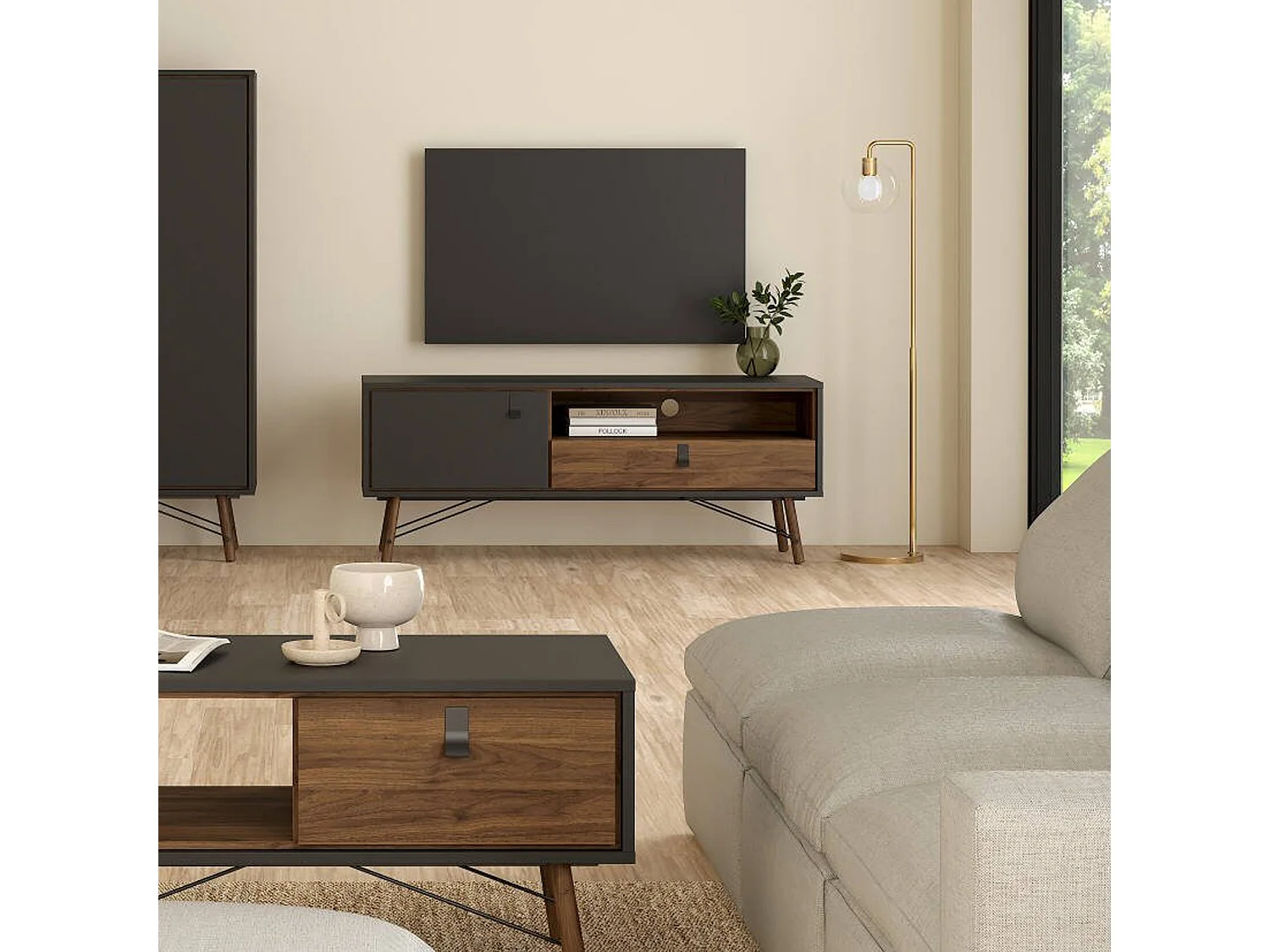 Meuble TV Dtomason, Buffet de salon, Armoire basse pour TV, Base murale de rangement, 150x40 h60 cm, Noir et Noyer