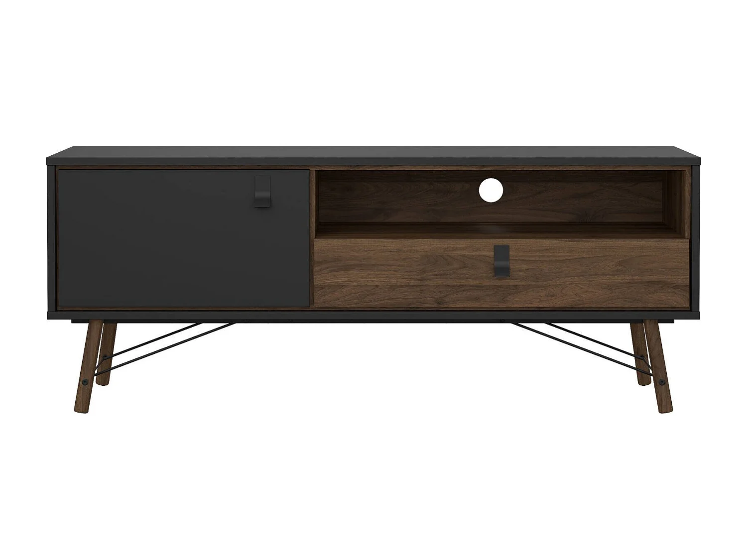 Meuble TV Dtomason, Buffet de salon, Armoire basse pour TV, Base murale de rangement, 150x40 h60 cm, Noir et Noyer