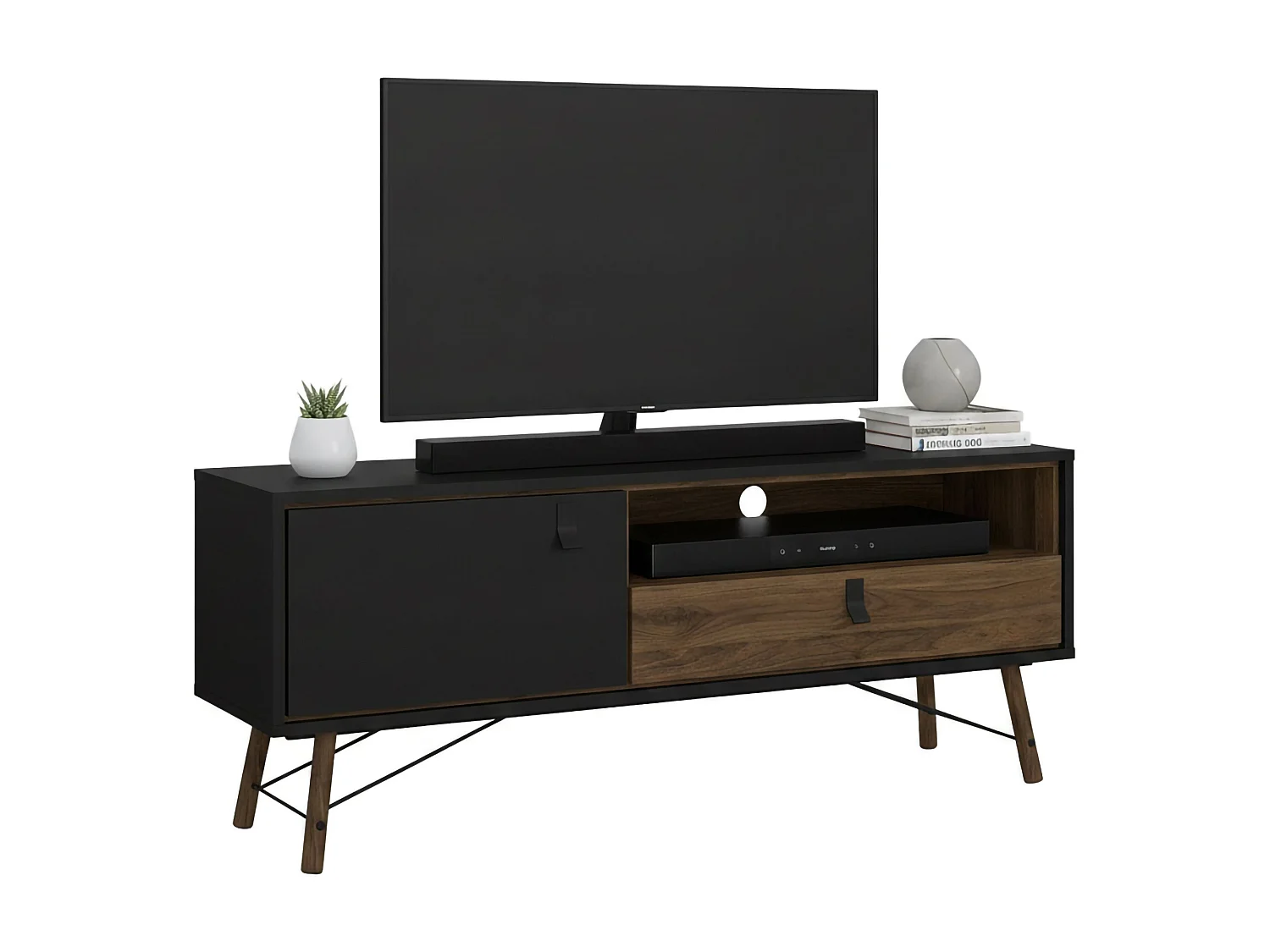 Meuble TV Dtomason, Buffet de salon, Armoire basse pour TV, Base murale de rangement, 150x40 h60 cm, Noir et Noyer